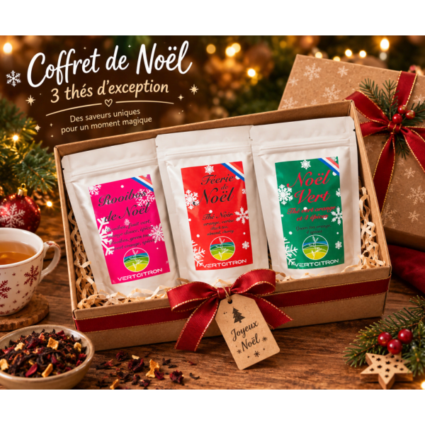 Coffret de Noël Vertcitron composé de trois pochettes de thé et rooibos de 50 g.