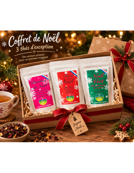 Coffret de Noël Vertcitron composé de trois pochettes de thé et rooibos de 50 g.
